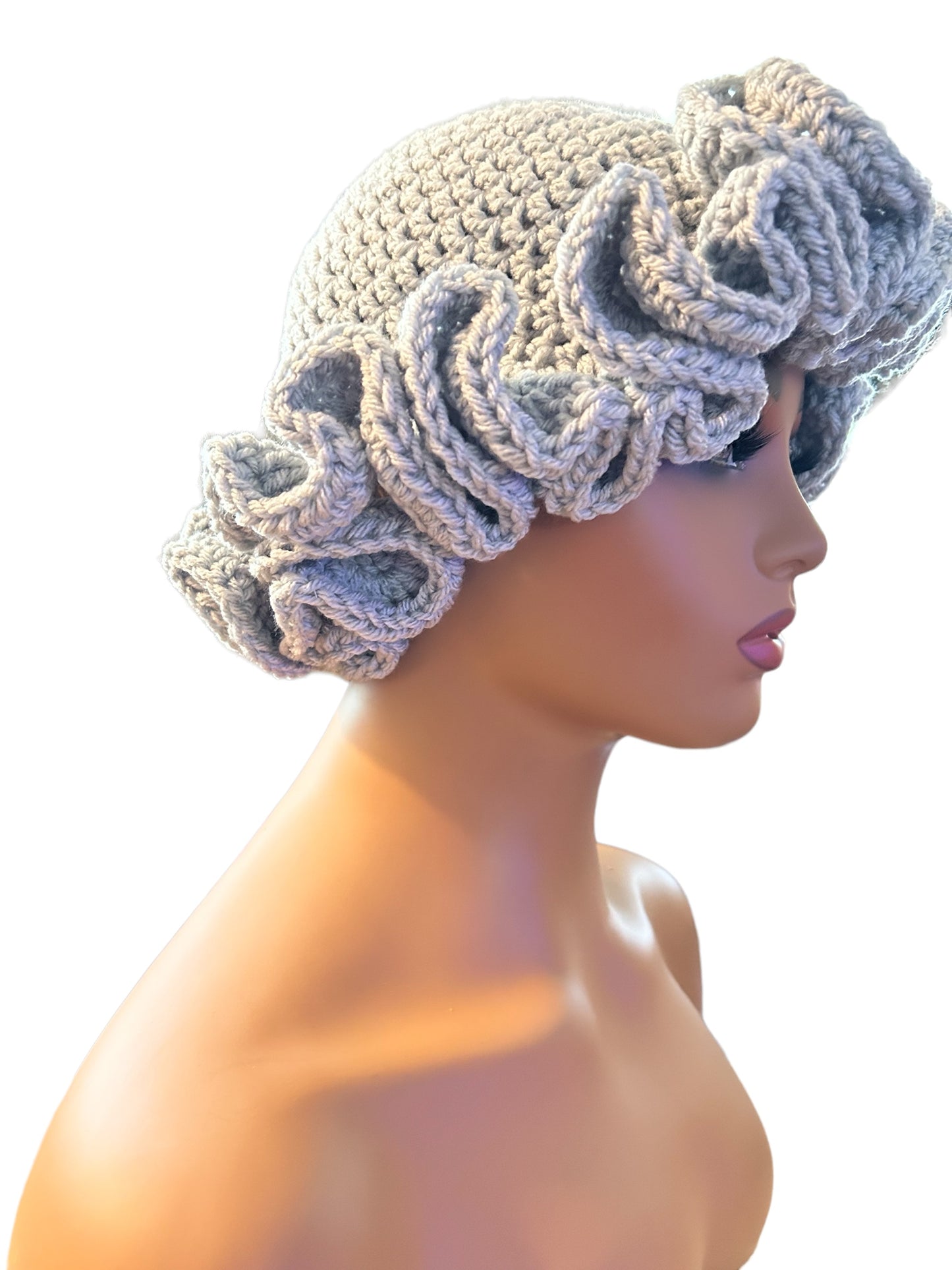 Gray Ruffle Crochet Hat